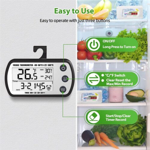 Digital Refrigerator Thermometer 2 Pack,Waterproof Fridge Thermometer, Max/Min Record Function,Timer Function Black 2