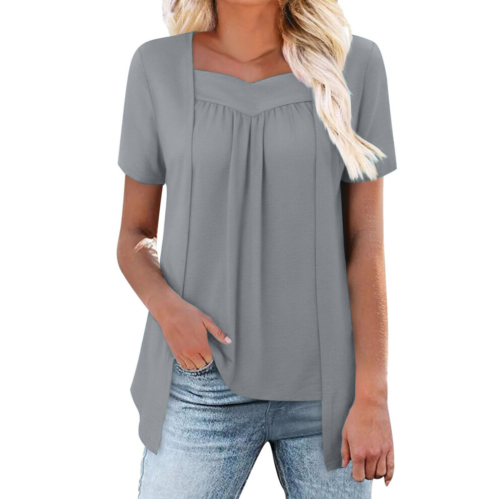 Gray Women Trendy Loose Fake Two Piece Blouse Hide Belly- Xl