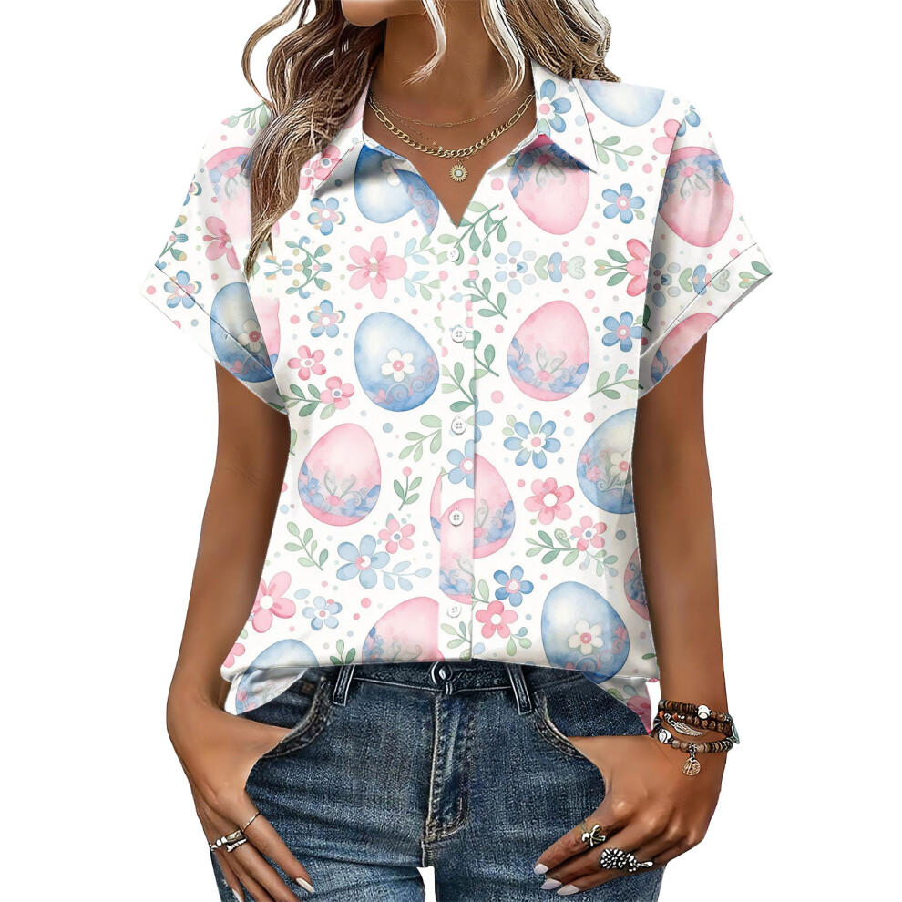 Purple Women's Button-Down Shirts, Short Sleeve, V-Neck,- Xxl