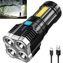Tóirse LED Ardchumhachta USB In-athluchtaithe, 4 Mhód + Solas Taobh COB, Tóirse Uiscedhíonach le haghaidh Campála, Siúlóide, Éigeandála –