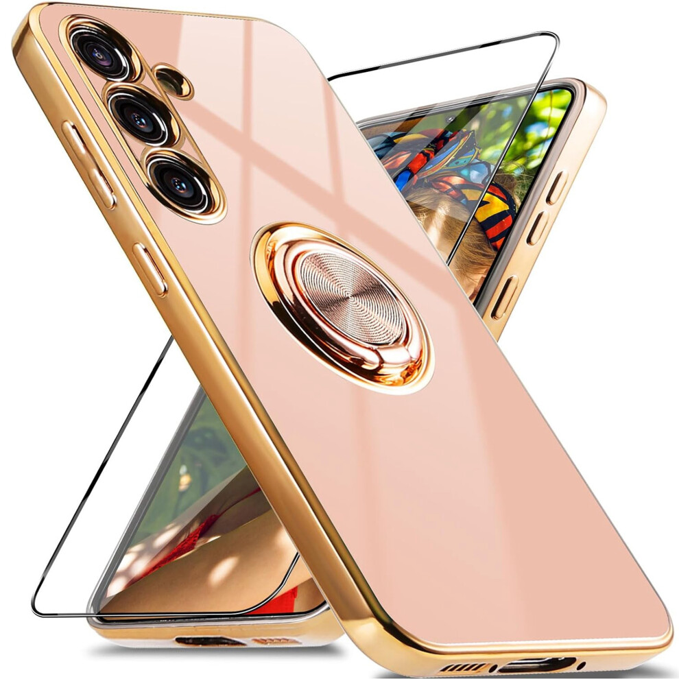 Samsung Galaxy S23 Fe Case With Screen Protector, 360 Rotating Magnetic Ring Holder, Shockproof Electroplated Cover, Pink 9448483581691