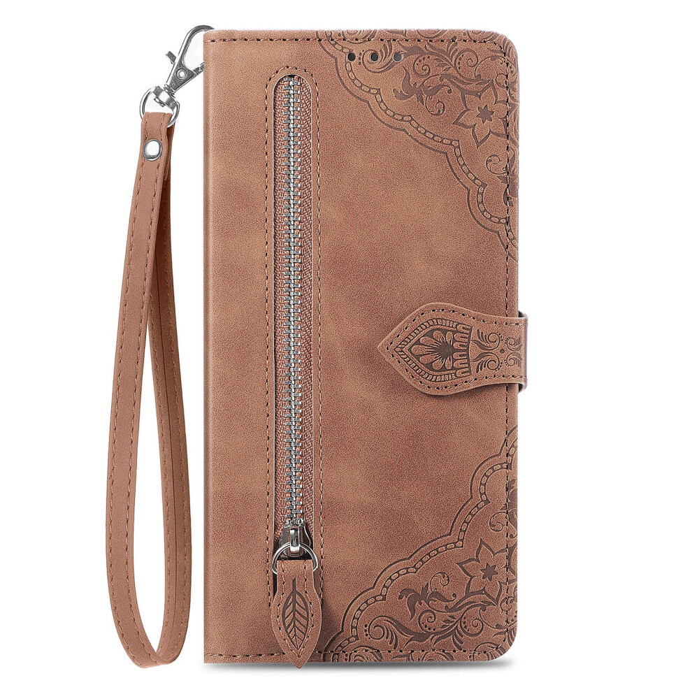 Iphone 16 Pro Wallet Case With Card Holder, Zipper Pocket, Magnetic Flip Folio, Pu Leather, Shockproof, Wristlet Strap Â Brown 9448483581905