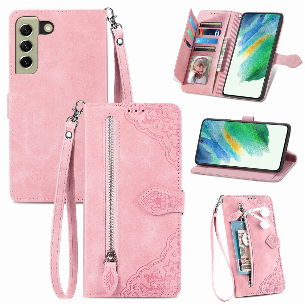 Pu Leather Wallet Case For Samsung Galaxy S21 Fe 5G Â Embossed Flower, Shockproof, Wrist Strap, Kickstand, Zipper Card Holder Pink 9448483581547