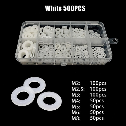 White Nylon Washers Assortment Set M2-M8 500 pcs