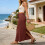 Linen Flared Maxi Skirt with Back Slit - Elastic-Navy blue XL 5