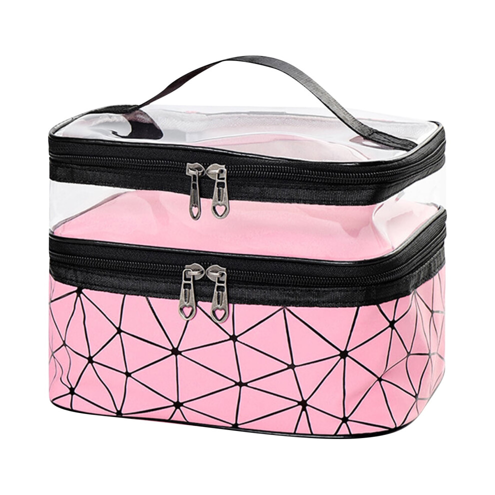 Double Layer Clear Makeup Bag with Dividers & Compartments, Sturdy Handle, PVC+PU Leather, Compatible with All Cosmetics