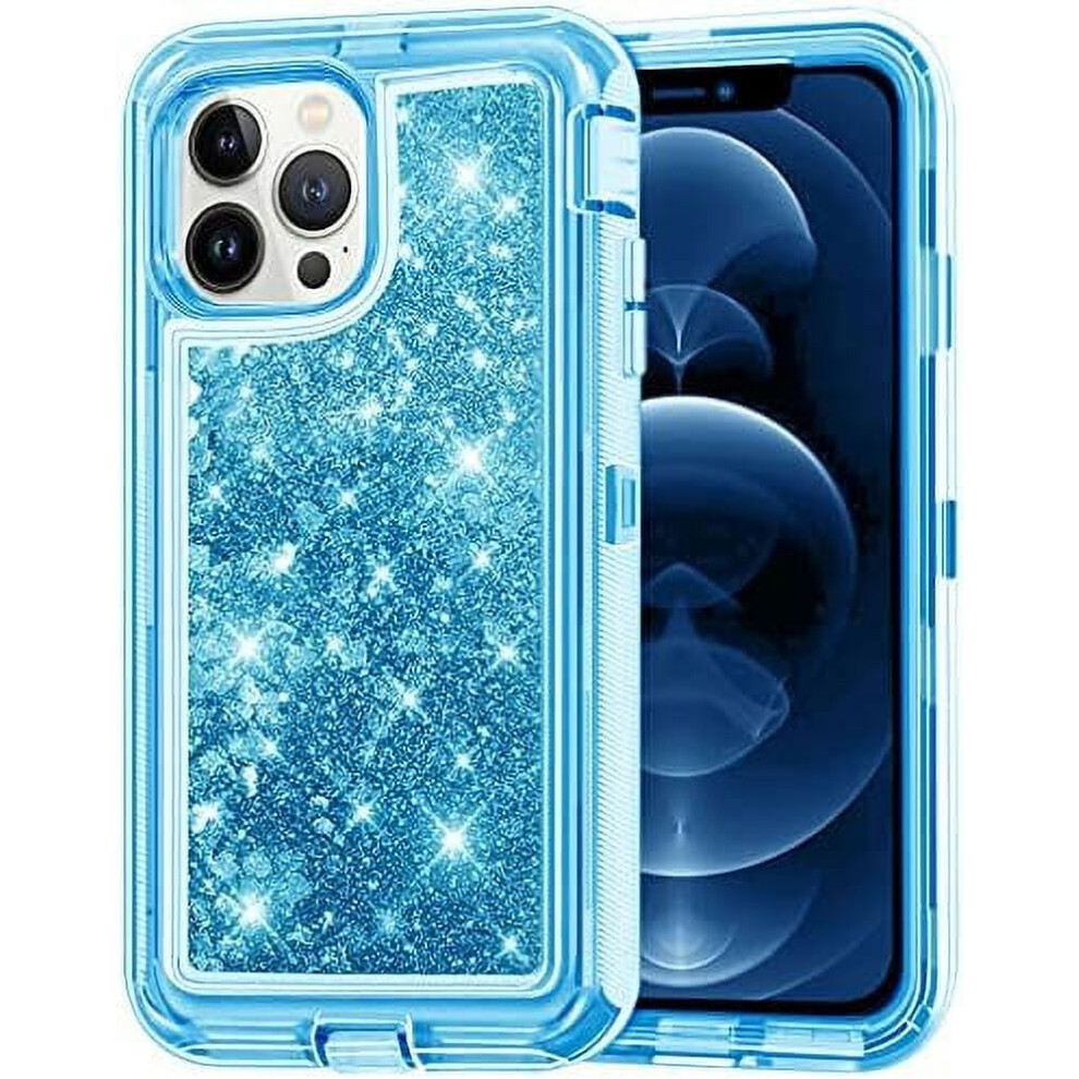 Heavy Duty Glitter Shockproof Case For Apple Iphone 14 Pro – Liquid Bling Sparkle Luxury Cover Blue 9448483582278