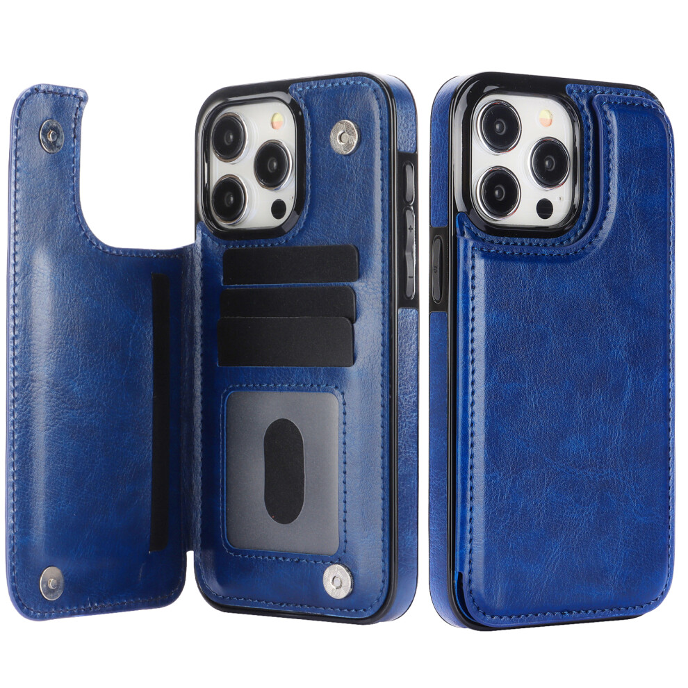 Iphone 16 Pro Wallet Case With Card Holder, Pu Leather Kickstand, Double Magnetic Clasp, Shockproof, Dark Blue 9448483582902