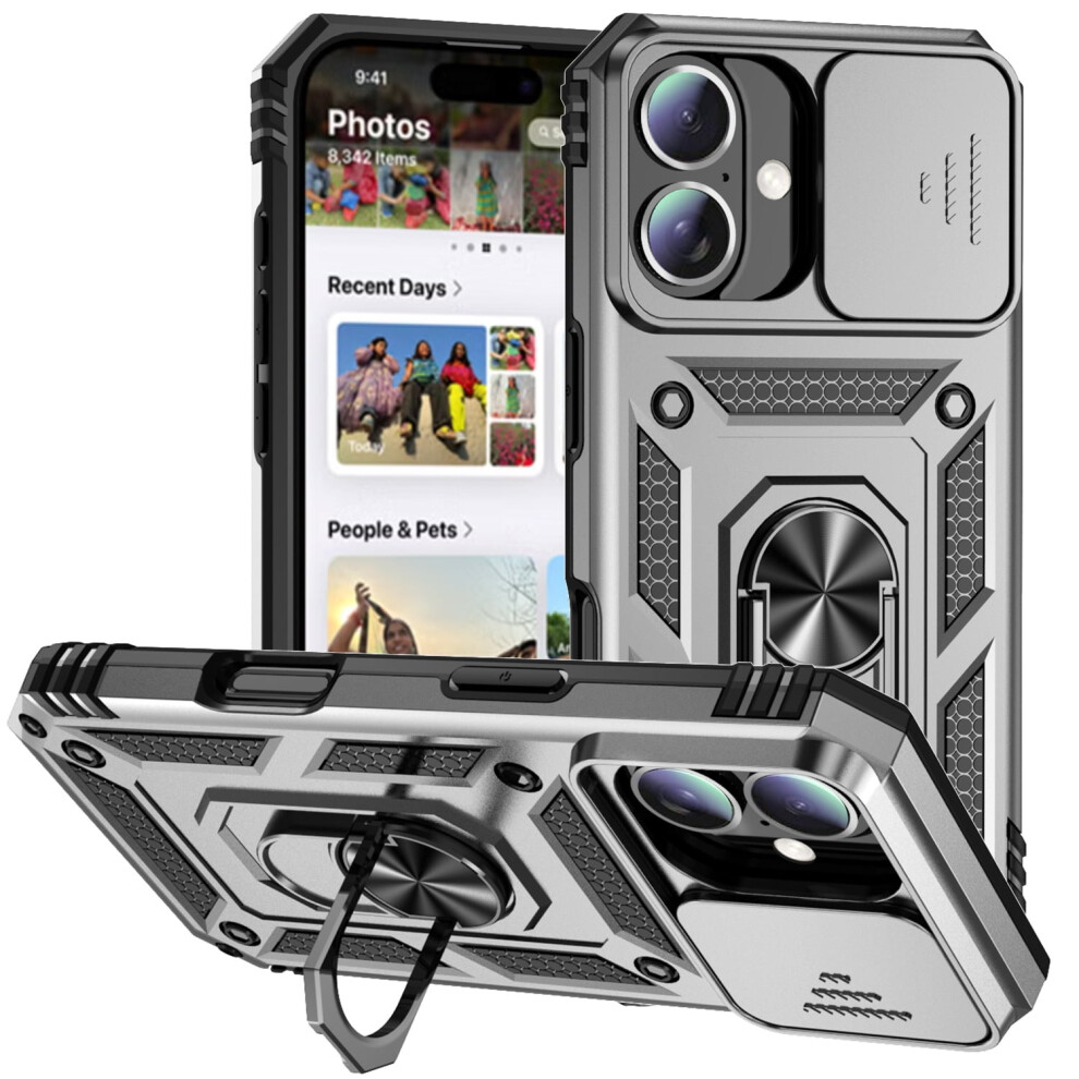 Military-Grade Iphone 16 Plus Case: Shockproof Dual-Layer With Ring Holder, Kickstand & Slide Lens Cover Â Silver 9448483586573