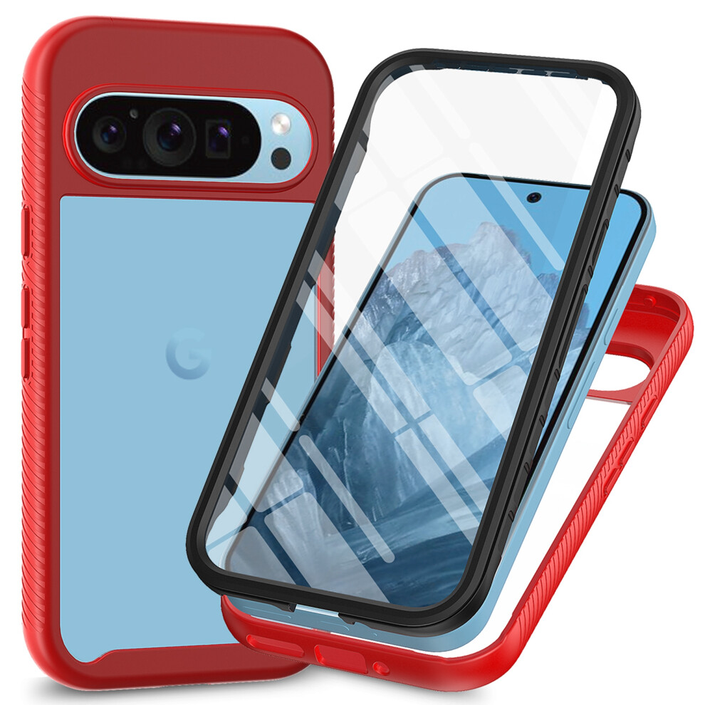 Google Pixel 9 / 9 Pro Case With Built-In Screen Protector, Shockproof Hybrid Case, Crystal Clear Pc Back Â Red 9448483585866