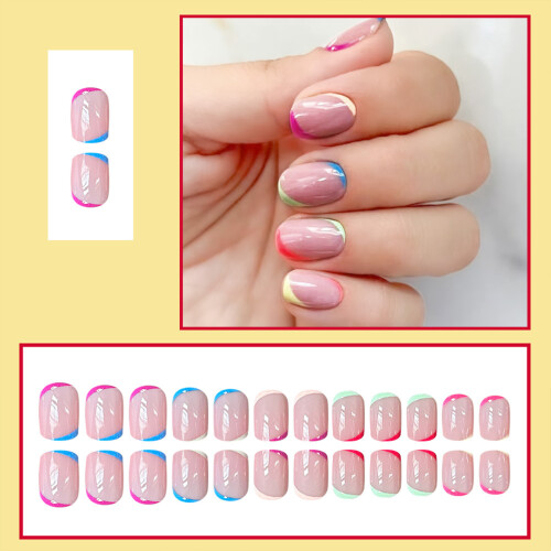 24PCS Pink Fake Nails, Colorful Edge, Durable Design 2
