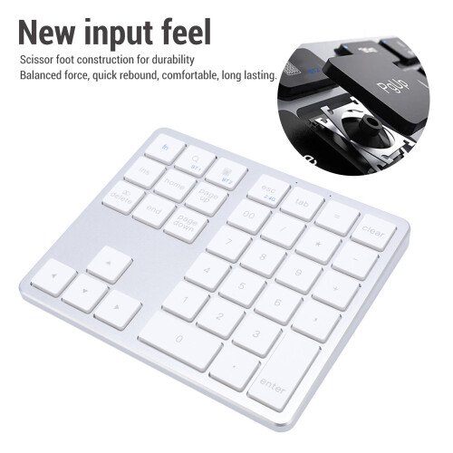 Wireless Dual Mode Numeric Keypad 35 Keys Rechargeable ABS Silver White 2