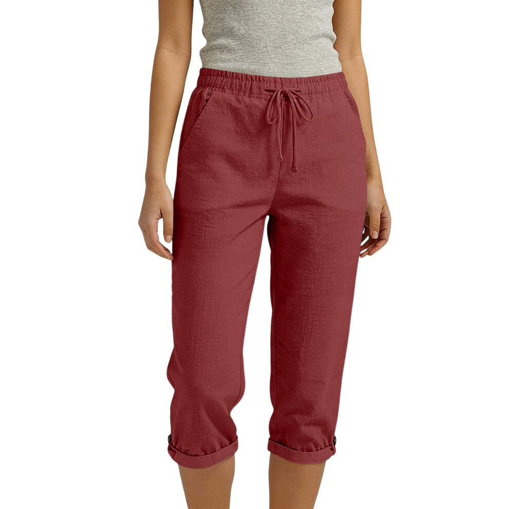 Women's linen pants, pants, vacation pants, elastic-Red L