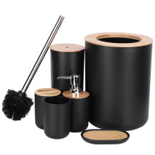 6-Piece Bathroom Set Bamboo & Plastic, Black | Soap Dispenser, Bin