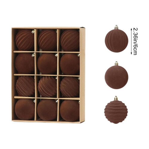 12-Piece Flocked Christmas Tree Balls, 6 cm, Coffee 2