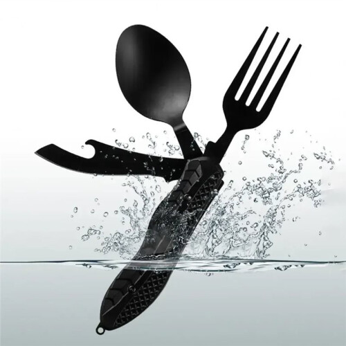 Bottle Opener Three-in-One Multi-Tool Camping Folding Comfortable Grip Hook Design Stainless Steel Folding Spoon Fork