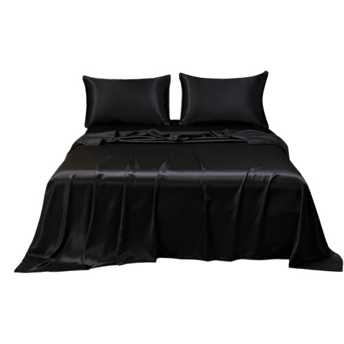 Satin Bed Sheet Set 3-Piece Full Size Black 1