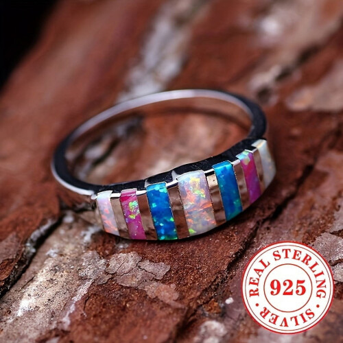 Women's S925 Silver Ring with Colorful Synthetic Opal 1