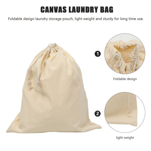 Foldable Drawstring Laundry Bag Canvas Beige Heavy Duty Organizer for Travel Use 2
