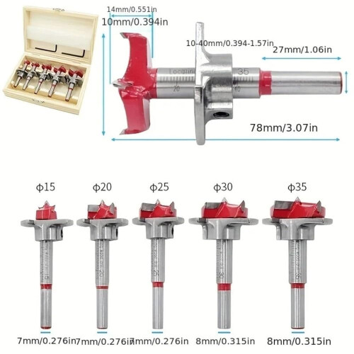 5PCS Σετ ανοιχτηριών τρυπών ξυλουργικής 15-35mm, τρυπάνι με επίπεδη πτέρυγα από σκληρό 1