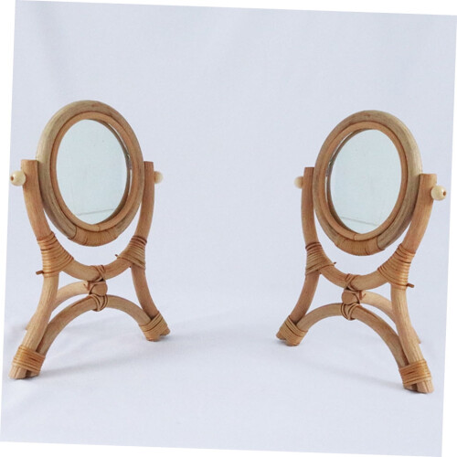 Rattan Makeup Mirror Rotatable Home Use Smooth Reflection 2
