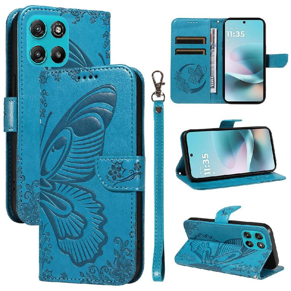 Photos - Case  Flip  For Motorola MOTO G67 Power 5G Detachable Hand Strap Embossed Butterfly High Quality Leather With Credit Card S