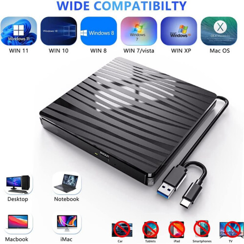 5X External CD/DVD Drive USB 3.0 & Type-C Portable CD DVD +/-RW Burner Optical Drive Reader Writer DVD Player 2