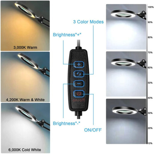 Lâmpada de Mesa com Lupa 10X, Lupa LED 2 em 1 com Luz, Lupa Iluminada com Viva-Voz e 3 Modos de Cor