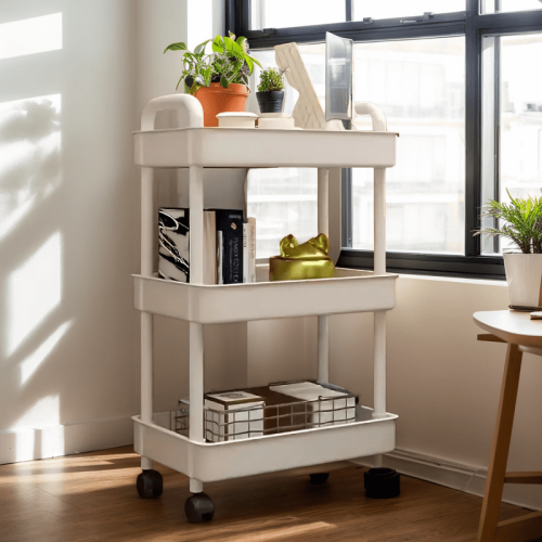 1pc 3/4-Tier Rolling Storage Cart, Plastic Multi-Functional Organizer Trolley, Slim, Space-Saving, Adjustable Shelves, with Easy 1