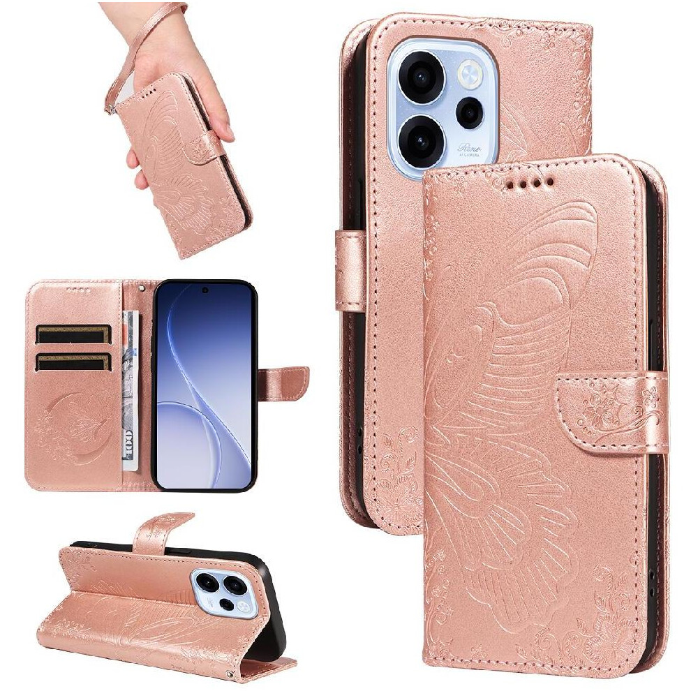() Flip Case For Oppo Reno 15F Detachable Hand Strap High Quality Leather Embossed Butterfly With Credit Card Slot 764563203147