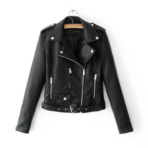 Women's Plus Size Black Zip-Up Motorcycle Jacket with 2