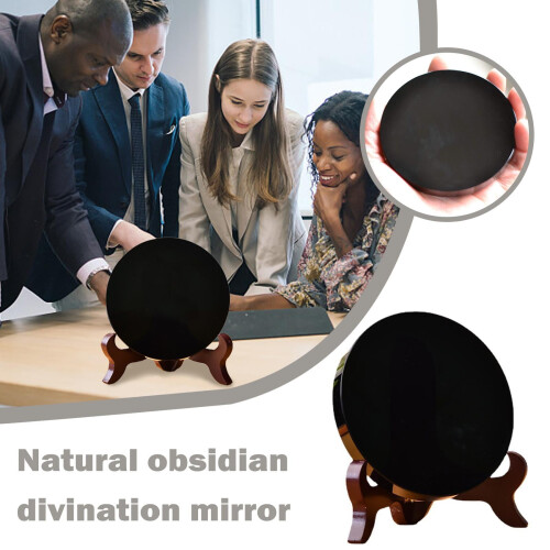 Natural Black Obsidian Scrying Mirror Round Stone with Shelf 1