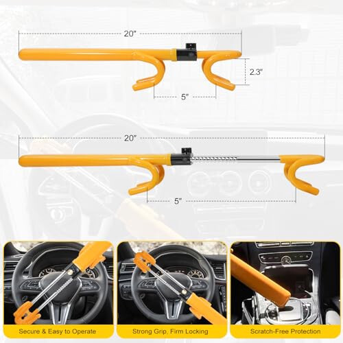 Heavy Duty Steering Wheel Lock, 4Hook DoubleBar Car AntiTheft Device, Adjustable Fit, Yellow Steel 1