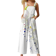 Women's floral print jumpsuit loose jumpsuit overalls-White S