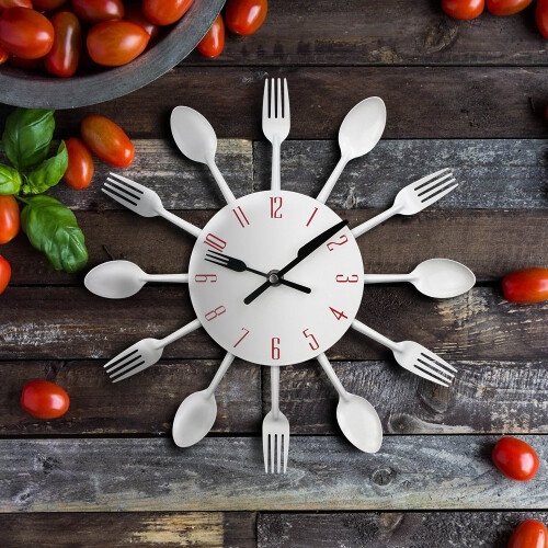 3D Removable Cutlery Kitchen Spoon Fork Wall Clock Mirror Decal Sticker White 30CM 2