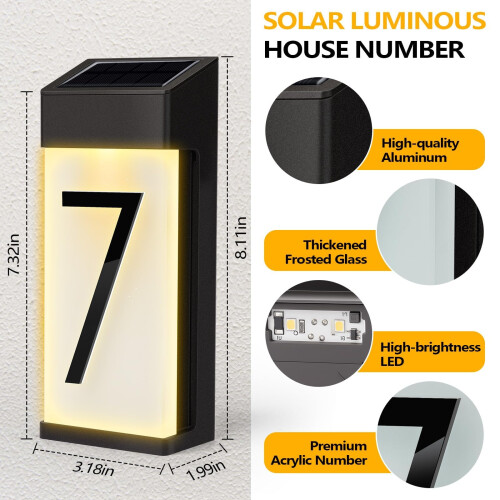 Placa de endereço com número 1, solar, em alumínio e vidro à prova d'água, 20 cm (8 polegadas). 1