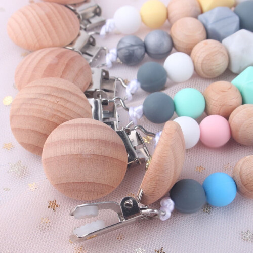 Silicone and Wood Pacifier Clip with Teething Beads 2