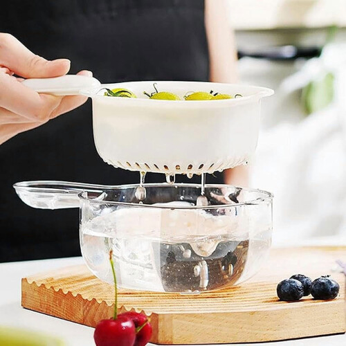 3PC Kitchen Dual-Layer Draining Basket with Handle, Lock Design, Fruit Washing Bowl & Strainer (1PC Green) 2