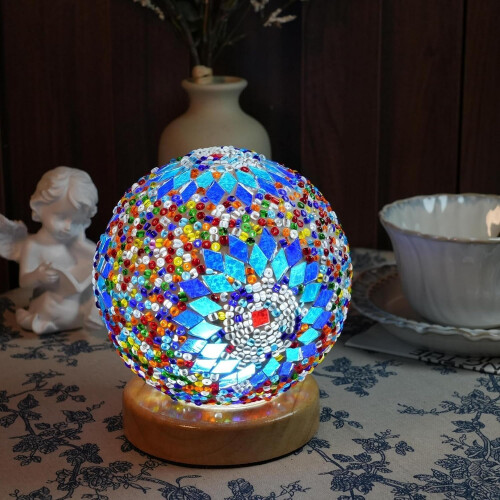 Boho Mosaic Table Lamp Colorful Glass USB Bedside Light Vintage 2