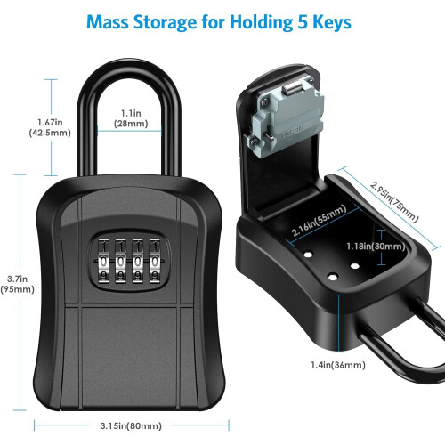 Key Lock Box for Outside, Lock Box for House Key, 4-Digit Combination Security Lockbox, Portable Wall Mounted Storage Lock box 2