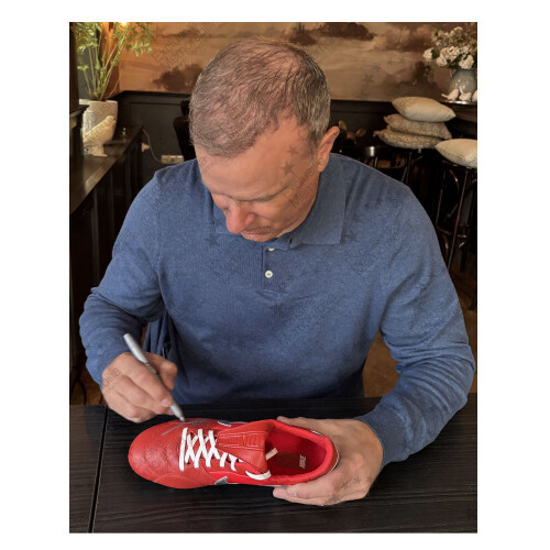 Dennis Bergkamp Signed Red Football Boot. Display Case With Plaque 2