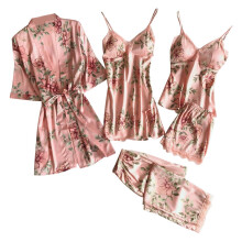 Completo da casa da donna a 5 pezzi con canotta stampata, ampio e comodo, in pizzo, con accappatoio, rosa, taglia XXXL