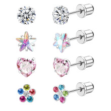 4Pcs Hypoallergenic Flat Back Stainless Steel Cartilage Earrings for Sensitive Skin – Heart/Star/Flower, Screw Back, Silver StyleB, compatible with