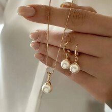 3-Pc Jewelry Set: Imitation Pearl Necklace & Earrings, 18K Gold-Plated Copper, Daily Wear & Party, Valentine’s Day Gift