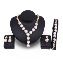 Women Pearl Inlaid Rhinestone Necklace Bracelet Stud Earrings Ring Jewelry Set
