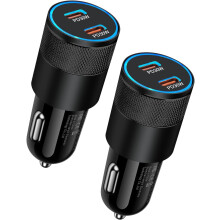 Adaptor încărcător auto USB C, pachet de 2 adaptoare brichetă auto cu porturi duble PD3.0 USB, încărcare rapidă, negru