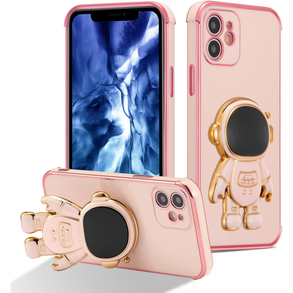 Cute 6D Astronaut Case For Iphone 12 (6.1") Â Slim Fit, Shockproof Tpu, Stand Function, Electroplated Luxury Finish, Pink 9365509665893