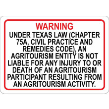 TEXAS LIMITED LIABILITY FOR AGRITOURISM Metal Sign Chapter 75A civil practice code Size: 8 x 12 Inch