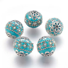5x Handmade Round Indonesia Bead With Metal Pattern For Jewelry Making 19.5x19mm-DarkTurquoise