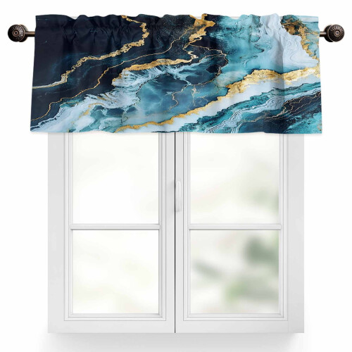 Αφηρημένη μαρμάρινη υφή Valance42x12in, μπλε & χρυσό, τσέπη για ράβδους, φιλτράρισμα